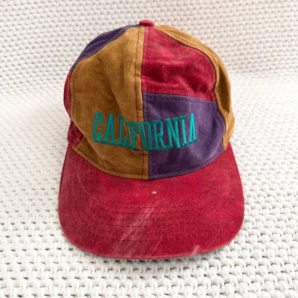 Vintage Taiwan Red Tan Purple Colorblock Rayon Embroidered California Cap Hat OS